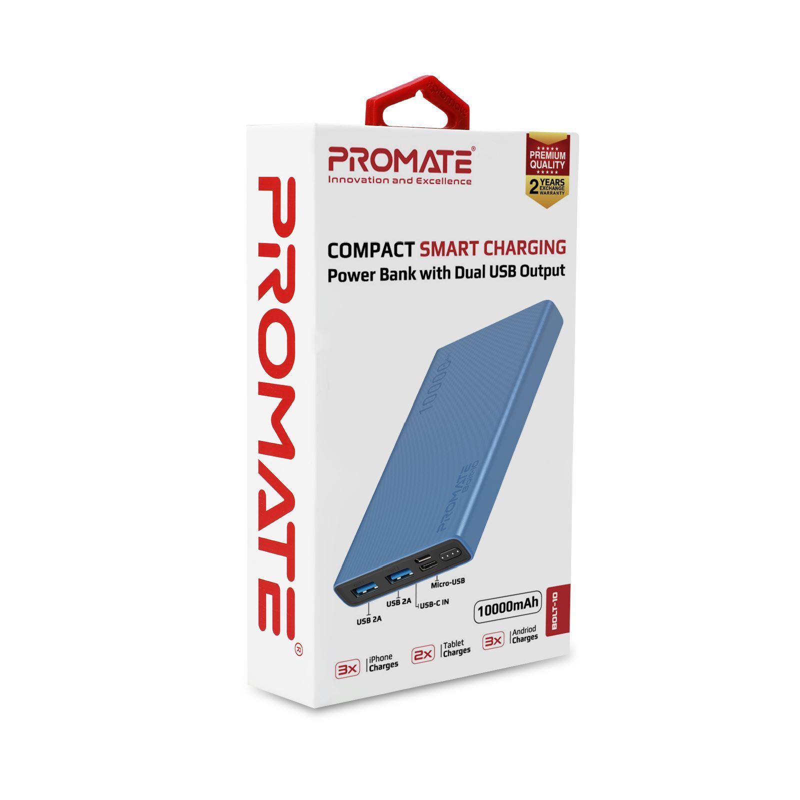 . PROMATE 10000mAh Smart Charging Power Bank with Dual USB Output.